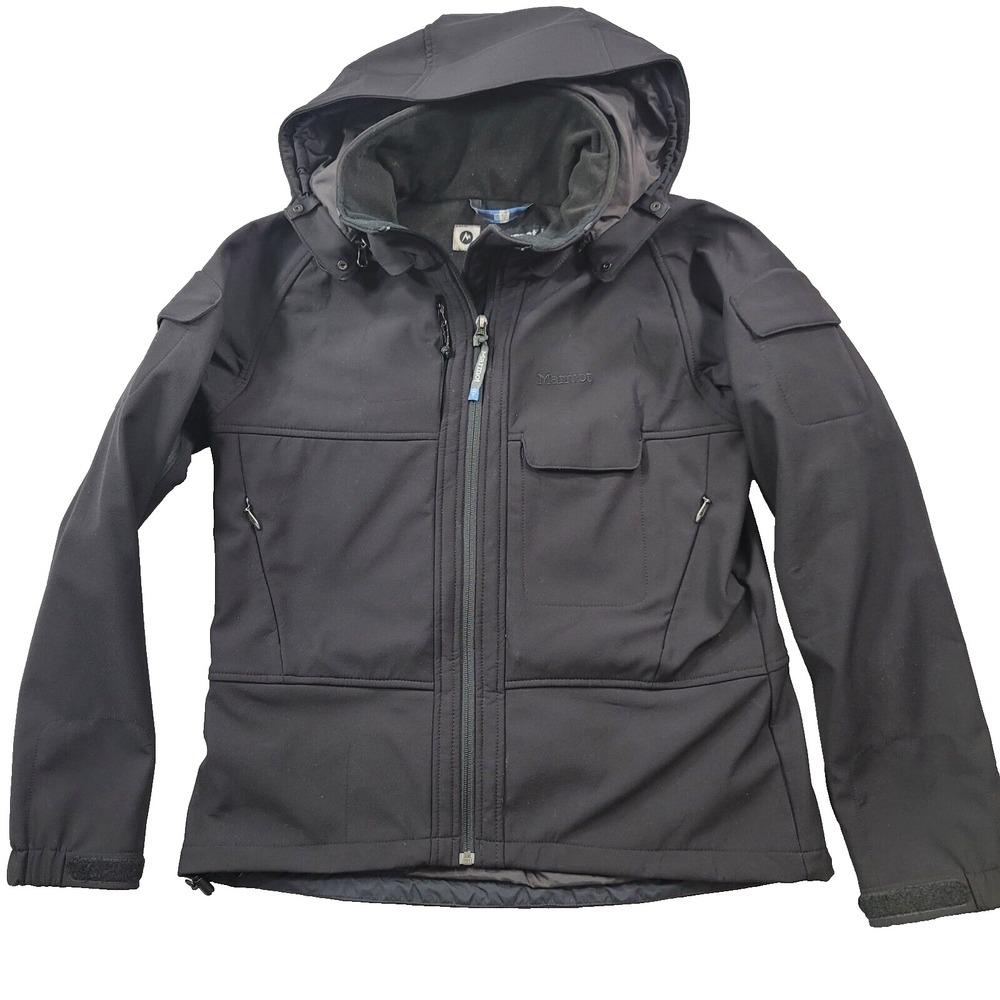 Marmot Softshell Jacket Womens Medium Black Hooded Pockets Nylon Ripstop